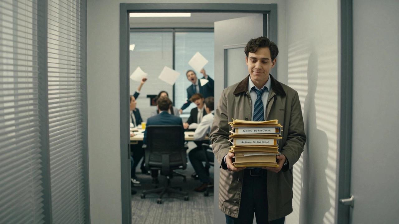 A quiet employee in a modest coat stands unnoticed in a hallway as a chaotic meeting rages nearby.