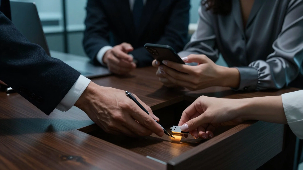 Three hands on a desk exchanging a USB drive while blurred figures argue behind them.